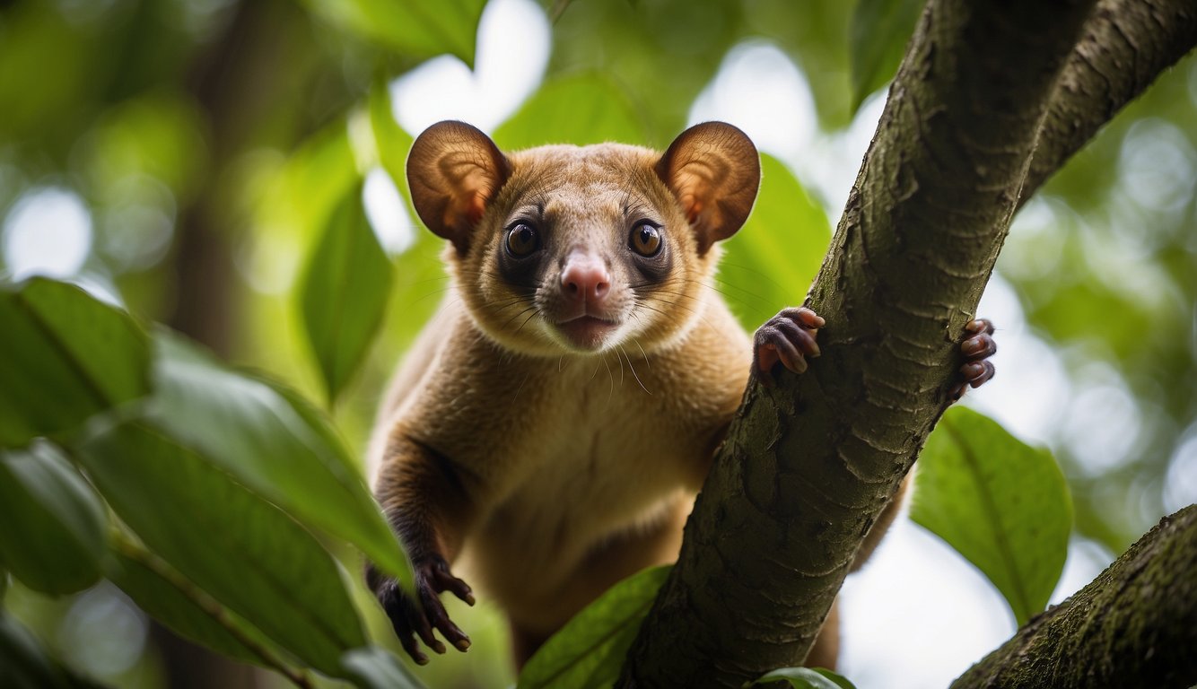 A kinkajou stealthily climbs through the rainforest canopy, its agile body moving gracefully as it reaches for a sweet treat hidden among the lush foliage