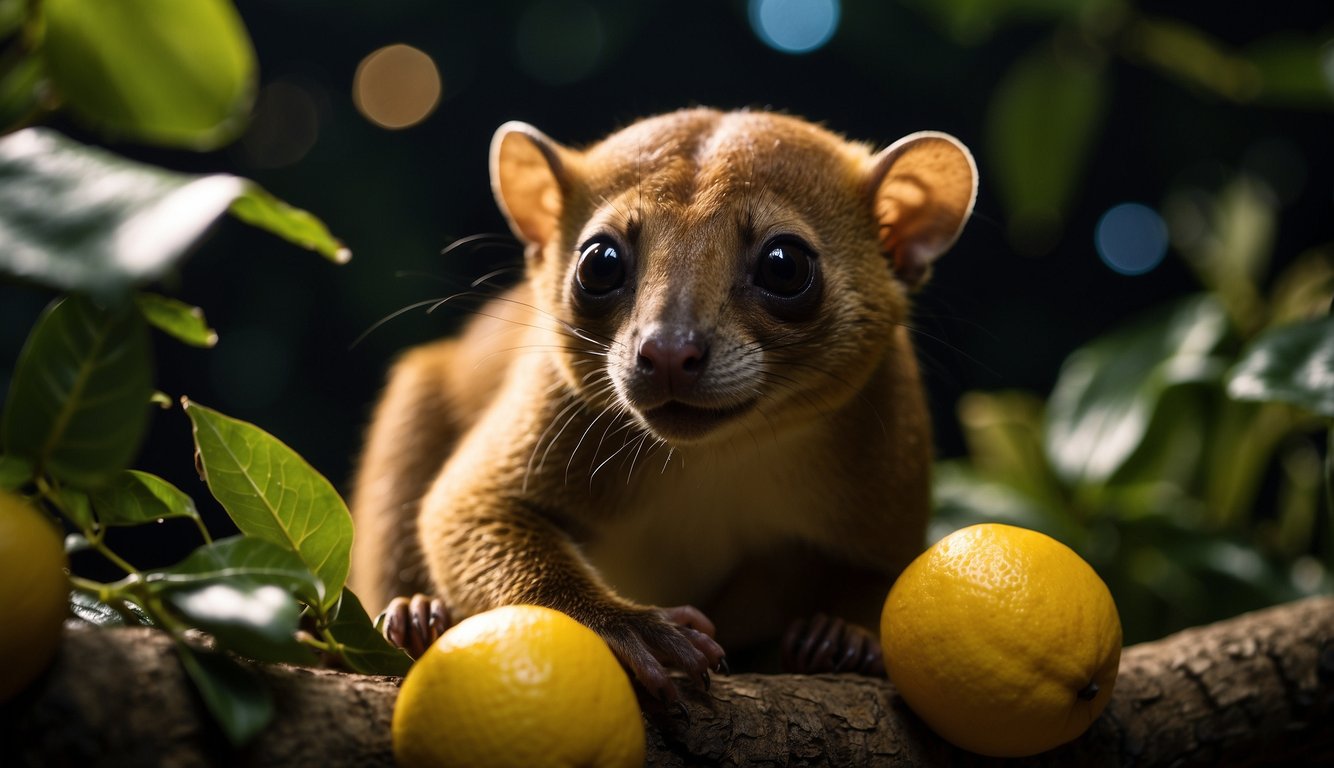 A kinkajou dines on nectar and fruit in the rainforest at night, using its nimble paws to steal from trees and flowers