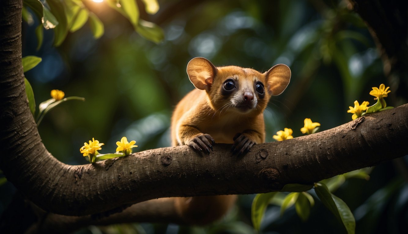Kinkajou climbs tree, steals nectar from flowers, interacts with other kinkajous in the rainforest at night