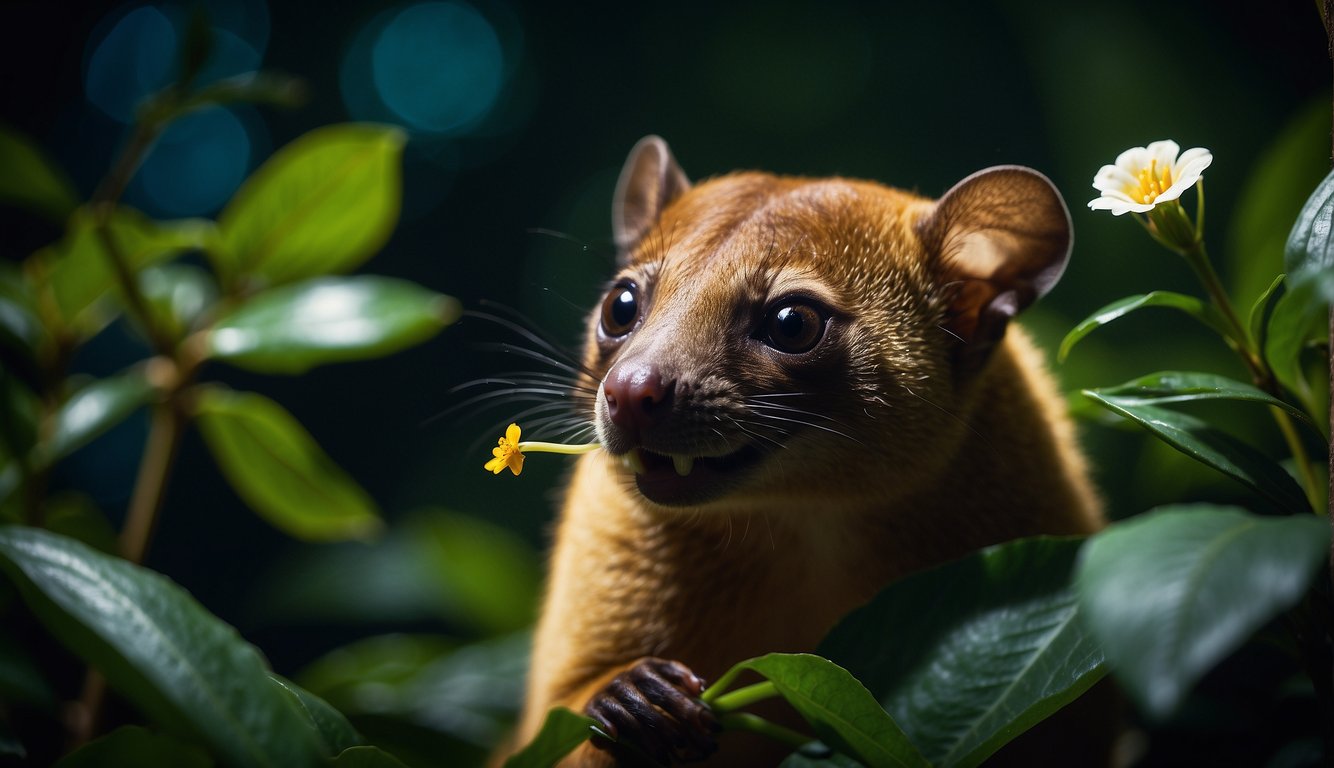 A kinkajou stealthily steals nectar from a flower in the moonlit rainforest, surrounded by lush green foliage and the sounds of nocturnal creatures