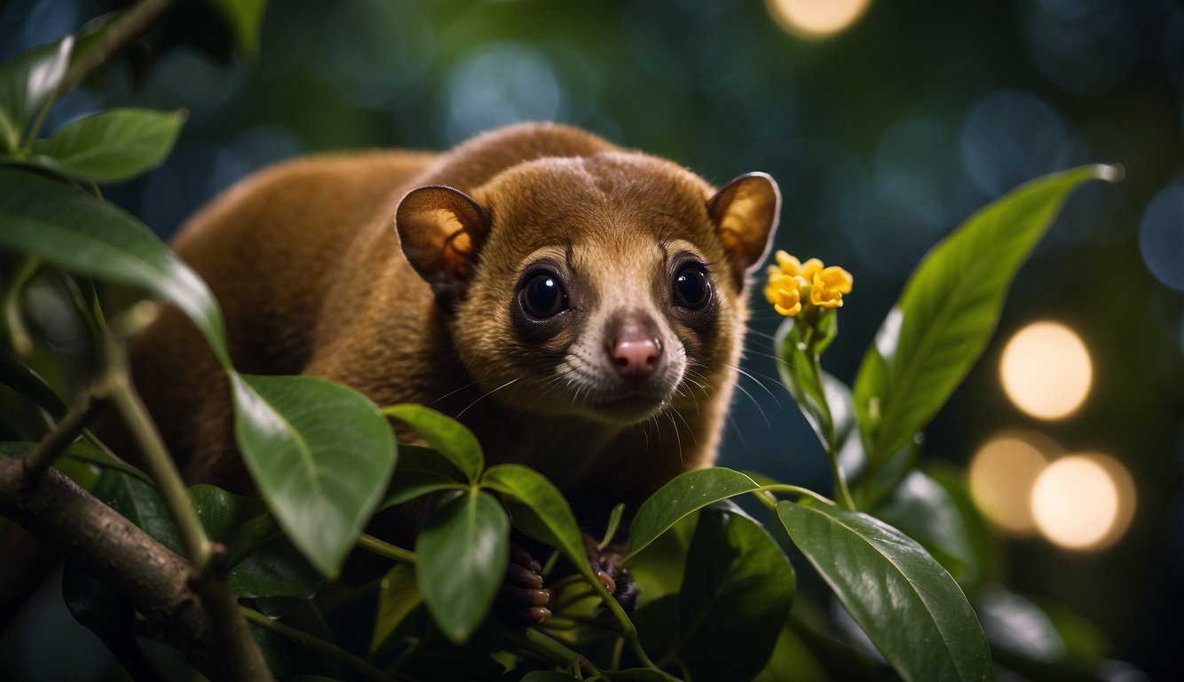 A kinkajou climbs through the rainforest canopy, stealing nectar from flowers under the cover of night