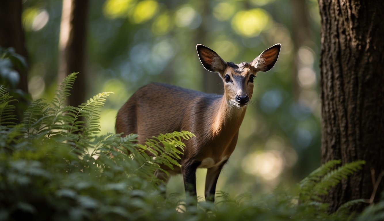 A duiker leaps through the dappled forest, its coat shimmering in the sunlight.

It pauses, ears alert, before disappearing into the foliage