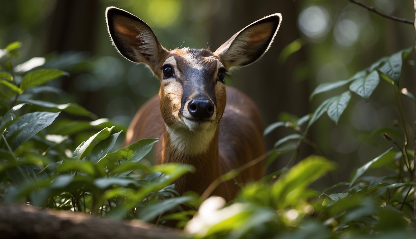 A duiker nibbles on leaves in the dense forest, its coat blending seamlessly with the dappled sunlight.

Nearby, another duiker cautiously sniffs the air before disappearing into the underbrush