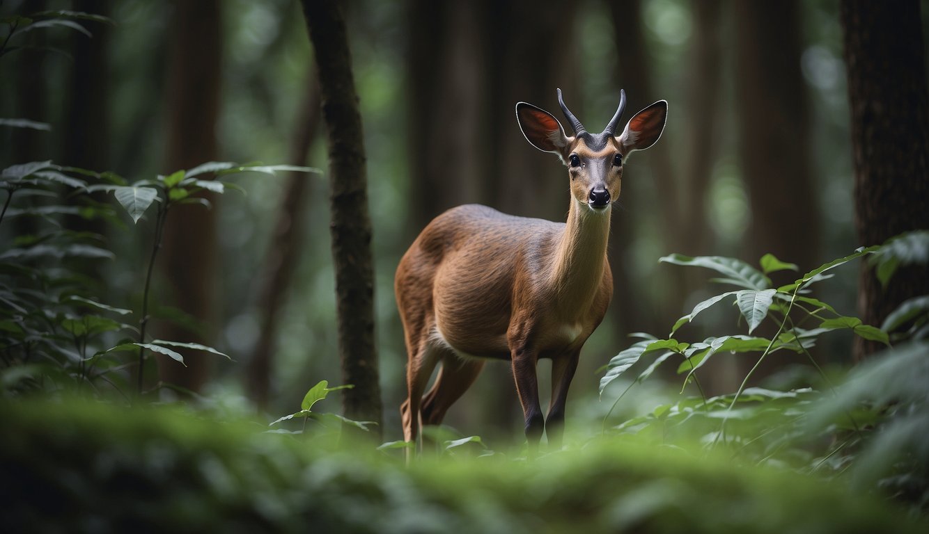A duiker cautiously navigates the dense forest, seeking shelter and food.

Its sleek coat blends with the surroundings, showcasing the beauty of these elusive creatures