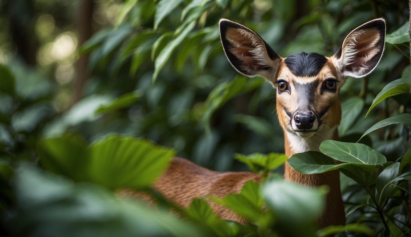 A duiker peers out from behind a lush green bush, its large, expressive eyes reflecting the dappled sunlight filtering through the forest canopy