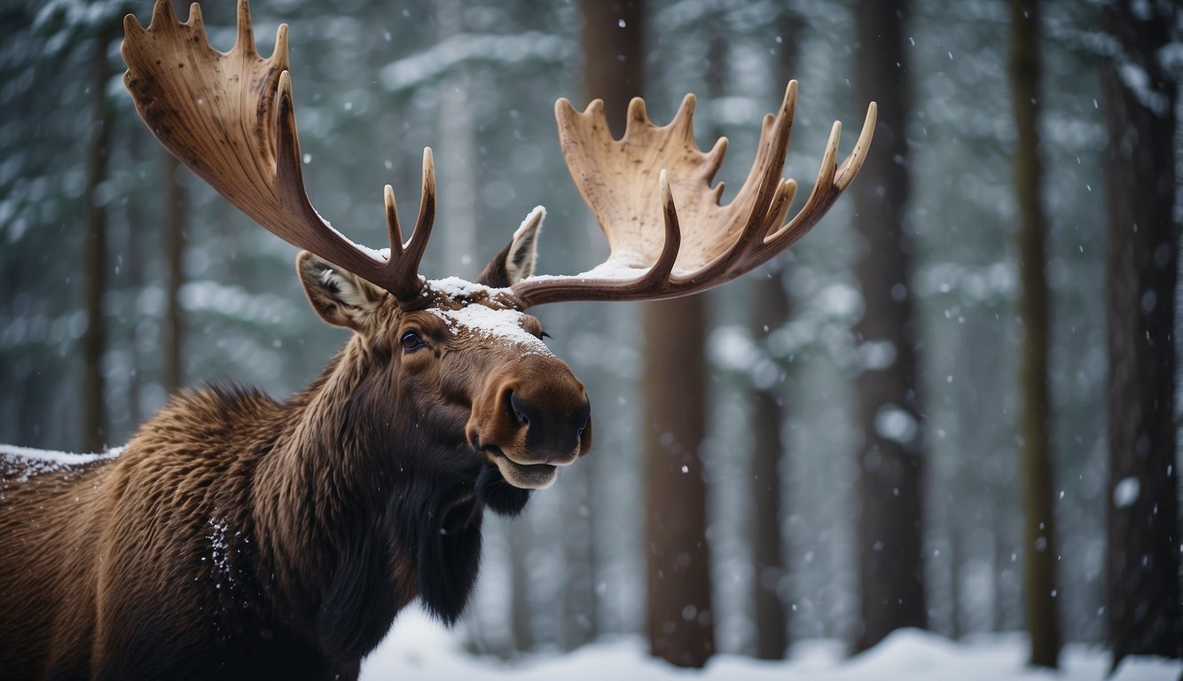 A large moose stands proudly in a snowy forest, its massive antlers reaching towards the sky.

The majestic creature exudes power and grace as it surveys its wintry domain