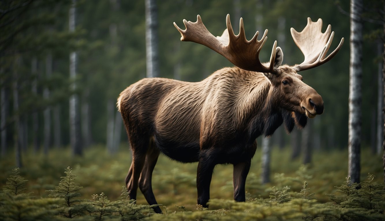 A moose stands proudly in a northern forest, its majestic antlers reaching towards the sky, symbolizing strength and beauty in the wilderness