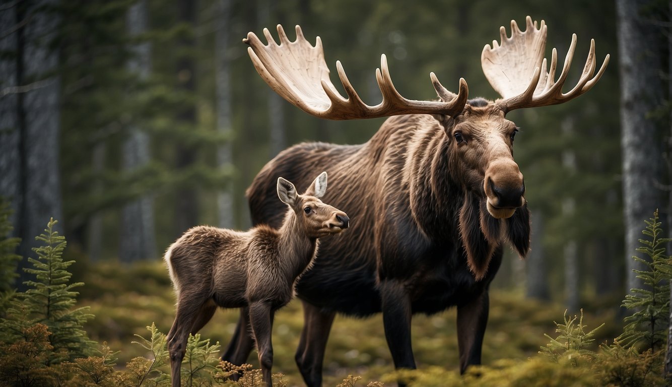 A majestic moose stands tall in a northern forest, its powerful antlers reaching towards the sky.

A mother moose tenderly cares for her calf, teaching it the ways of the wild