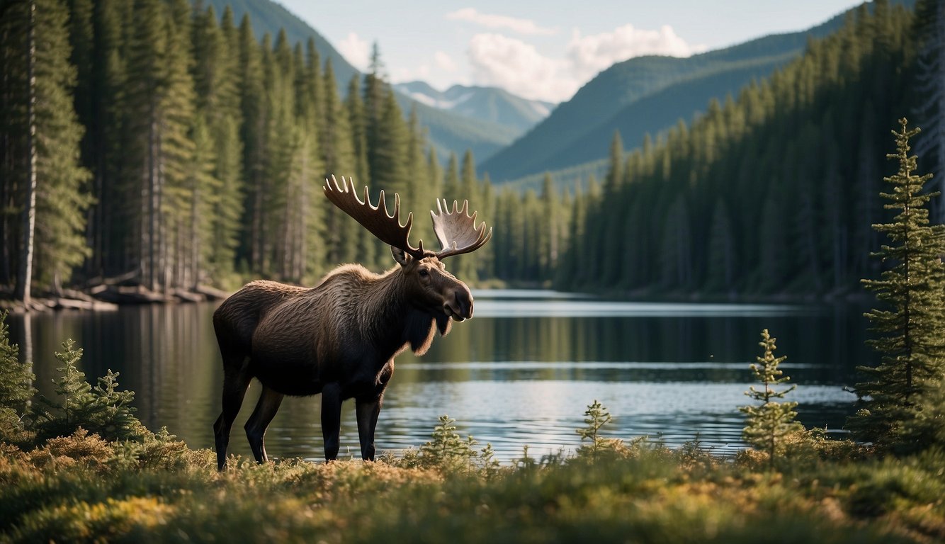 A moose stands tall in a northern forest, surrounded by towering pine trees and a tranquil lake.

Its impressive antlers reach towards the sky, symbolizing strength and resilience in the natural world