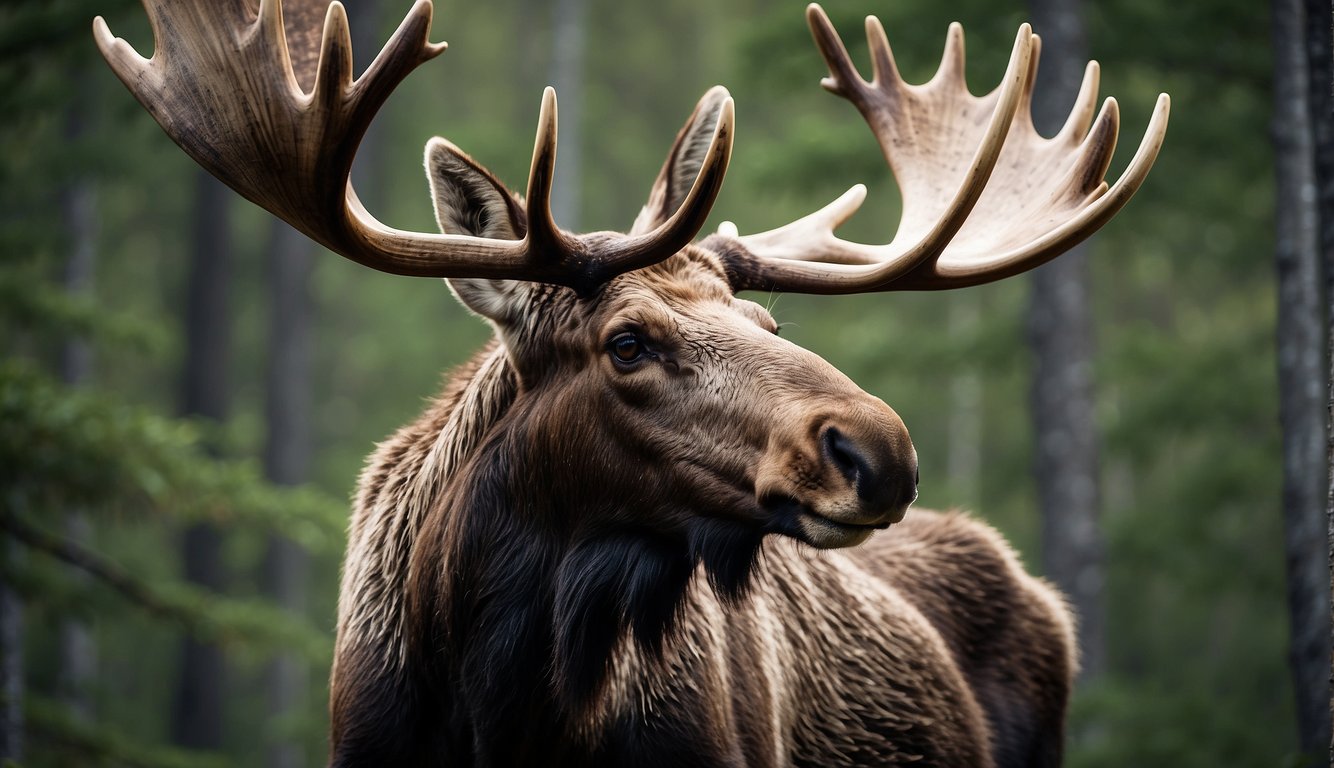 A majestic moose stands tall in a northern forest, its antlers reaching towards the sky.

The creature exudes power and grace as it surveys its surroundings with a sense of regal authority