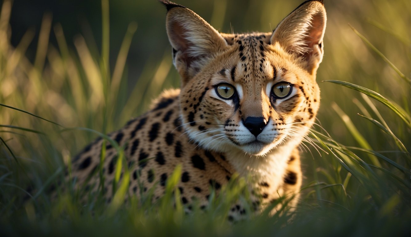 A serval crouches low in the tall grass, eyes fixed on its prey.

The sun sets, casting a warm glow over the savannah as the predator prepares to pounce