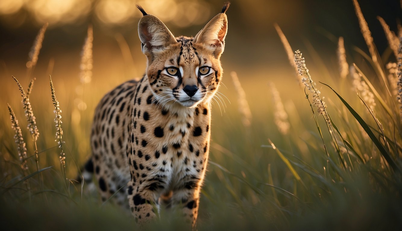 A serval prowls through tall grass, eyes fixed on prey.

Its powerful legs tense, ready to pounce. The savannah landscape stretches out behind, bathed in golden light