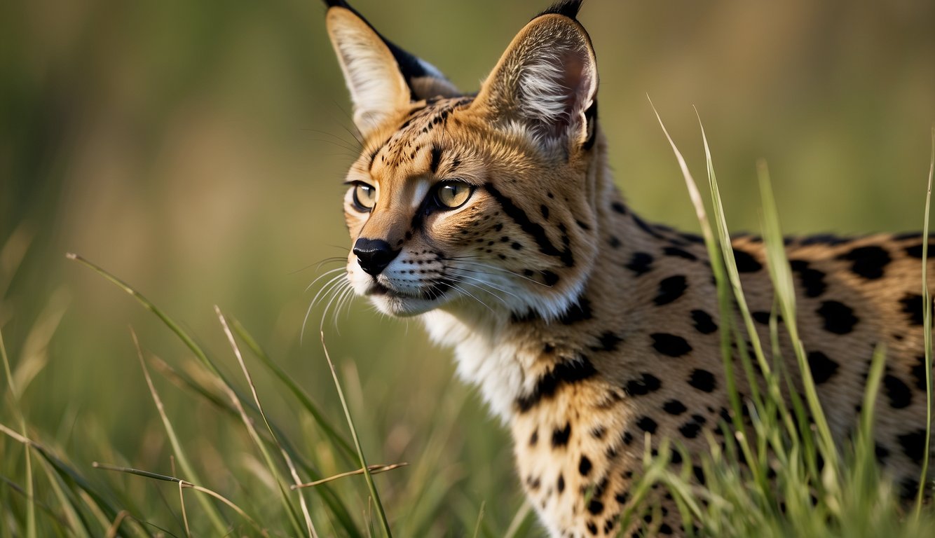 A serval prowls through tall grass, ears alert, eyes focused.

It crouches low, muscles tense, ready to pounce on its unsuspecting prey