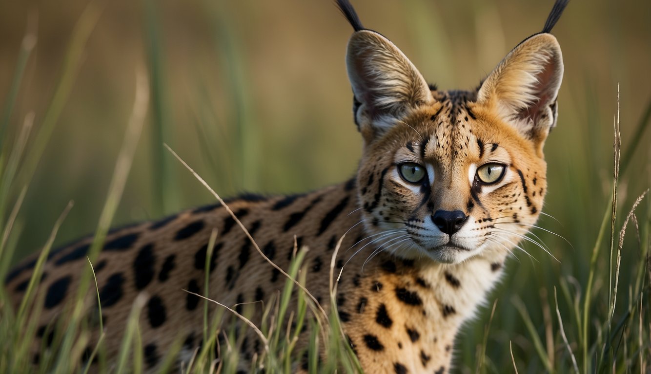 A serval prowls through tall grass, eyes fixed on prey.

Its sleek, spotted fur blends into the savannah as it prepares to pounce