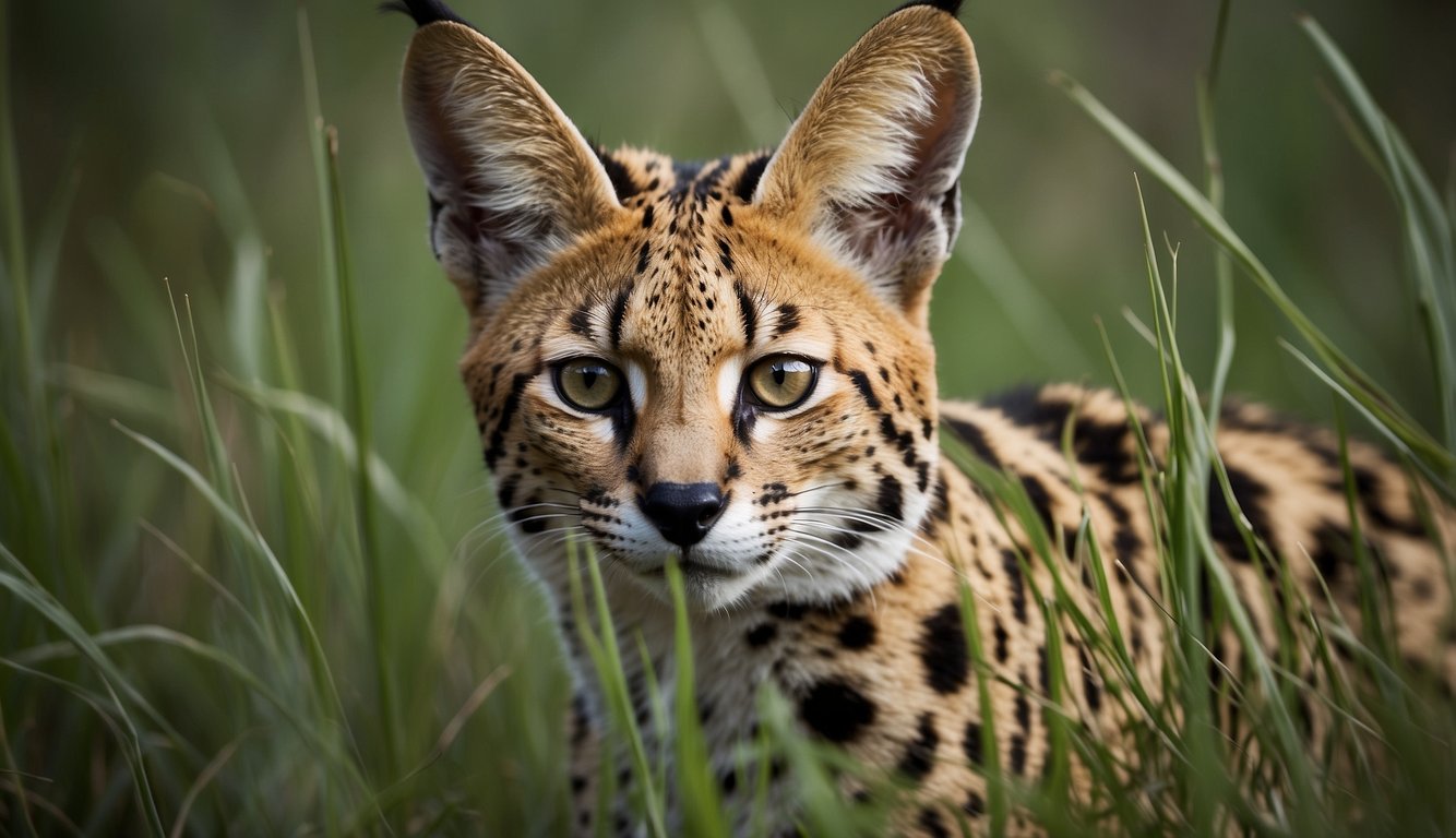 A serval prowls through tall grass, ears alert and eyes focused.

Its sleek body tenses, ready to pounce on unsuspecting prey in the savannah