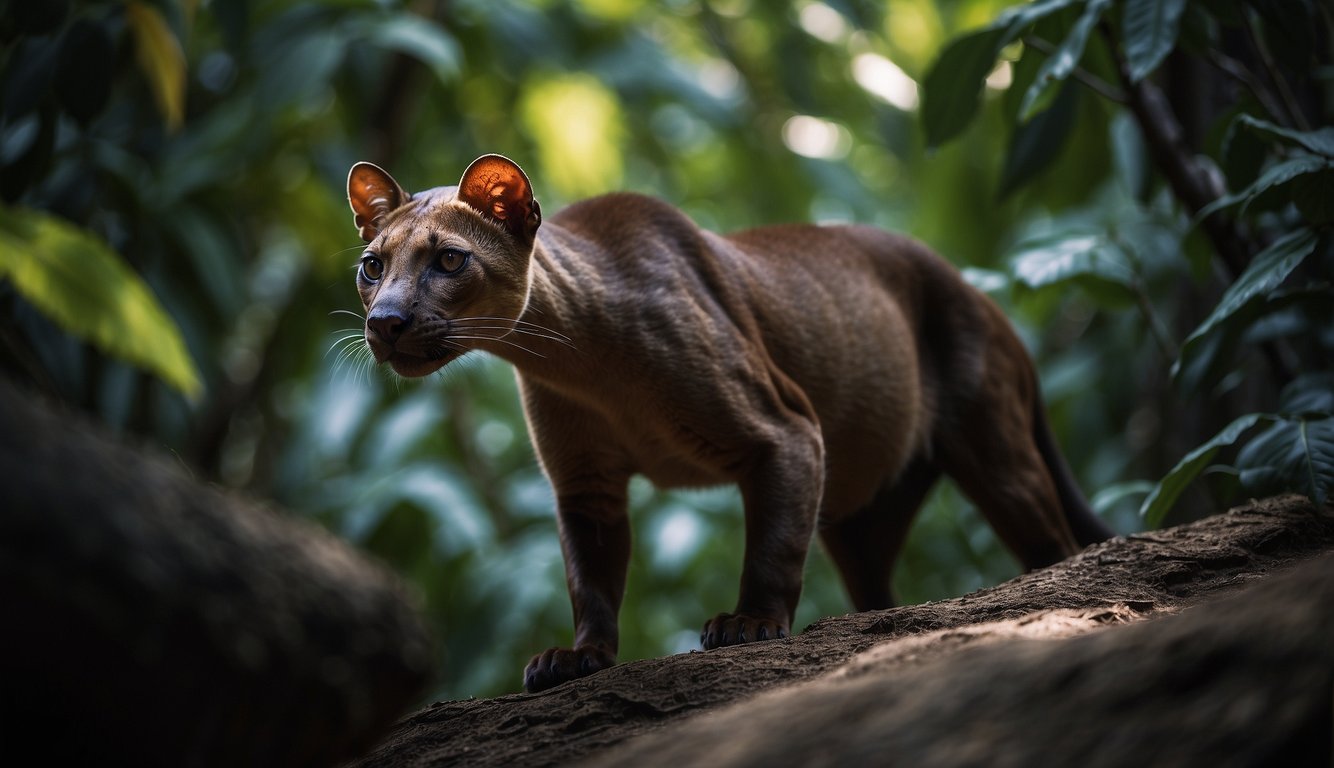 A fossa prowls through the dense Madagascar jungle, its sleek body blending into the shadows.

With sharp eyes and agile movements, it stalks its prey, exuding an air of mystery and danger