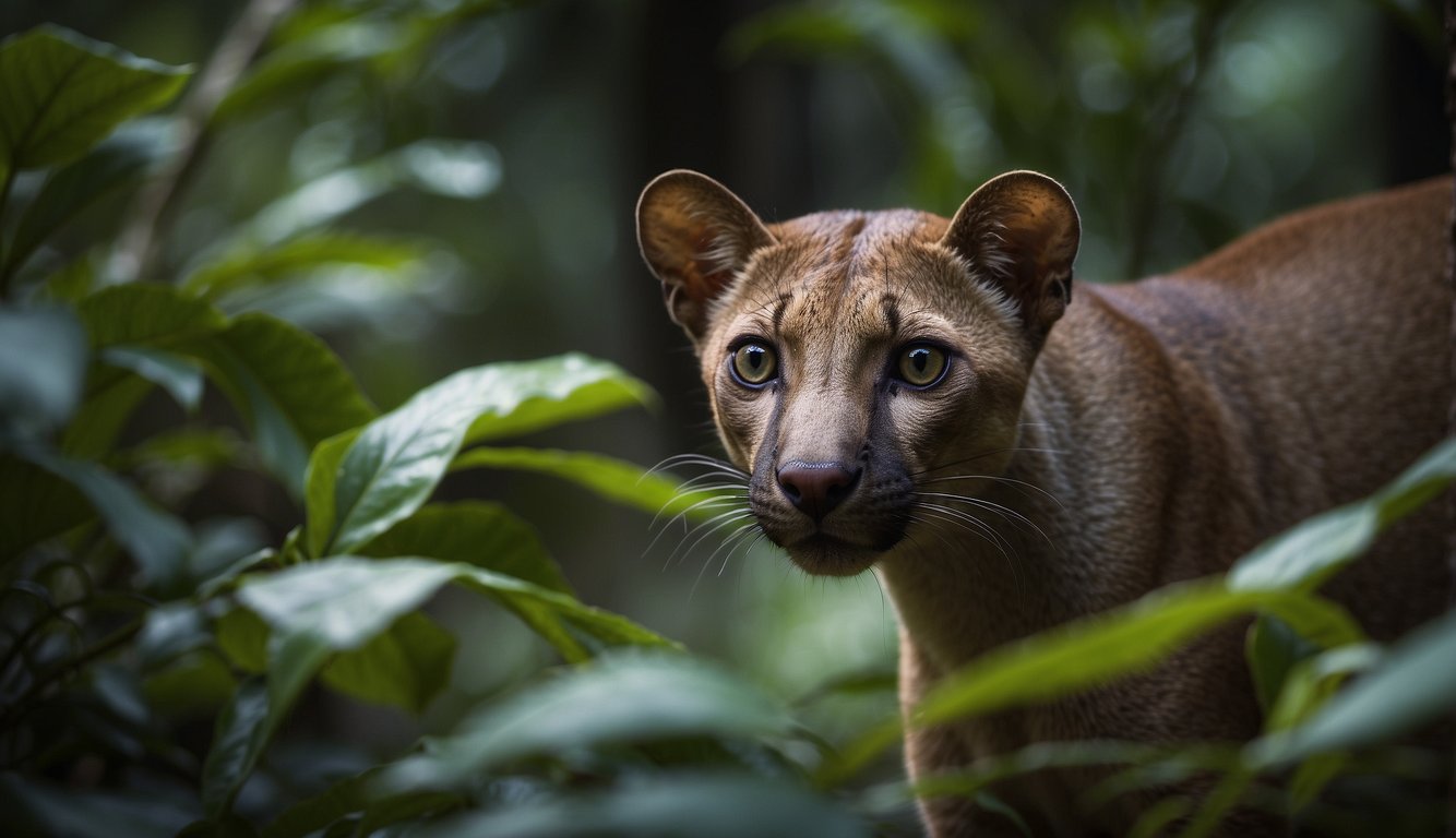A fossa prowls through the dense underbrush of the Madagascar rainforest, its sleek body and sharp eyes alert for any sign of prey