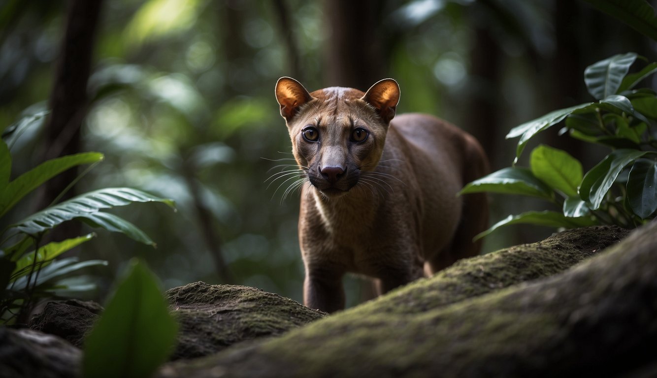 A Fossa prowls through dense Madagascar forest, its sleek body blending into the shadows.

It stalks its prey, a mysterious and elusive predator in its natural habitat