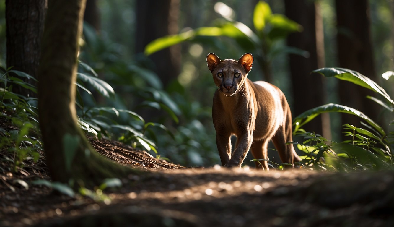 A fossa prowls through the dense, lush forests of Madagascar, its sleek body moving stealthily as it hunts for its next meal.

The sunlight filters through the canopy, casting dappled shadows on the forest floor as the elusive predator navigates