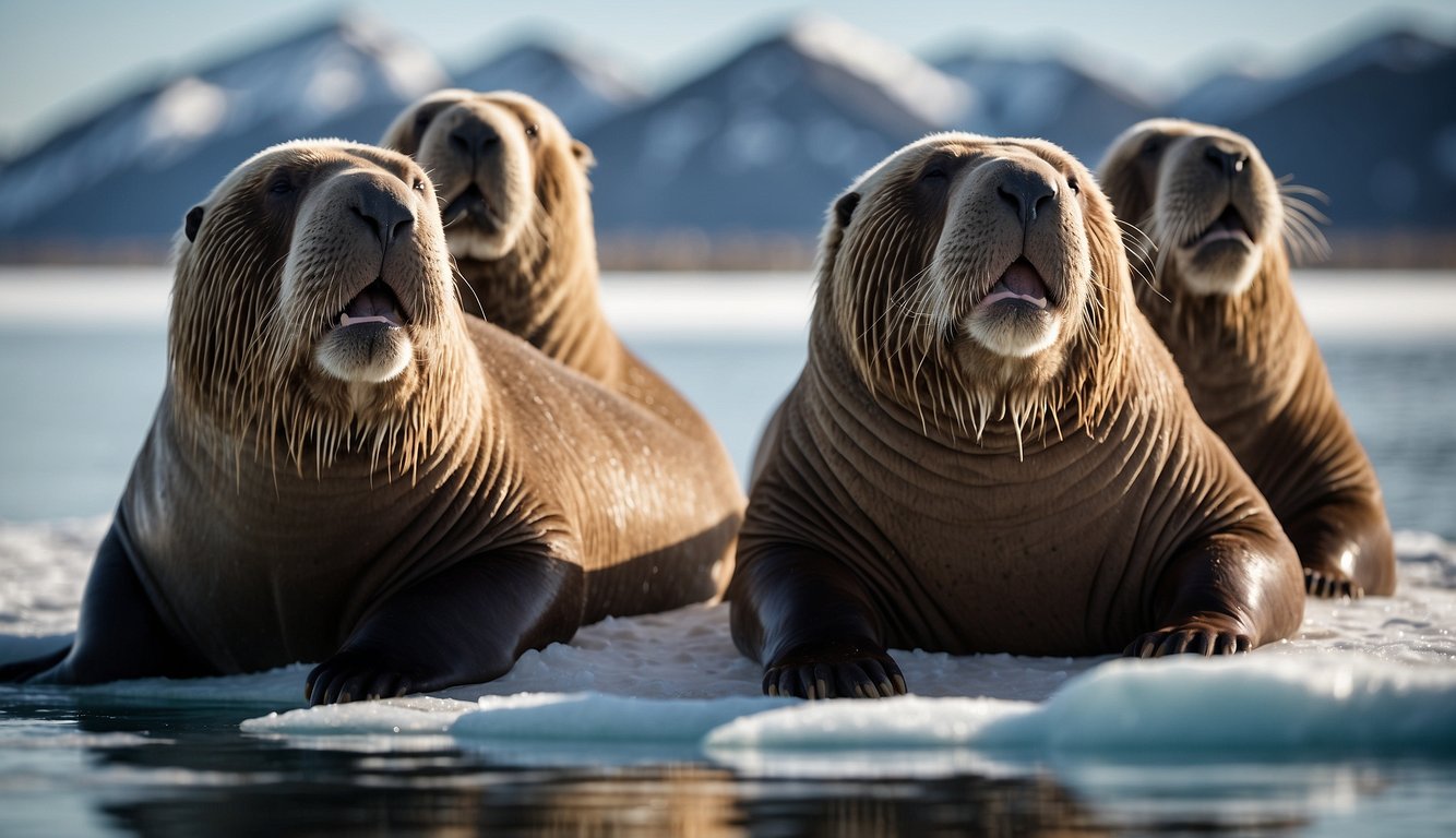 A group of massive walruses bask on an icy shore, their long, ivory tusks gleaming in the sunlight as they lounge and play in the frigid Arctic waters