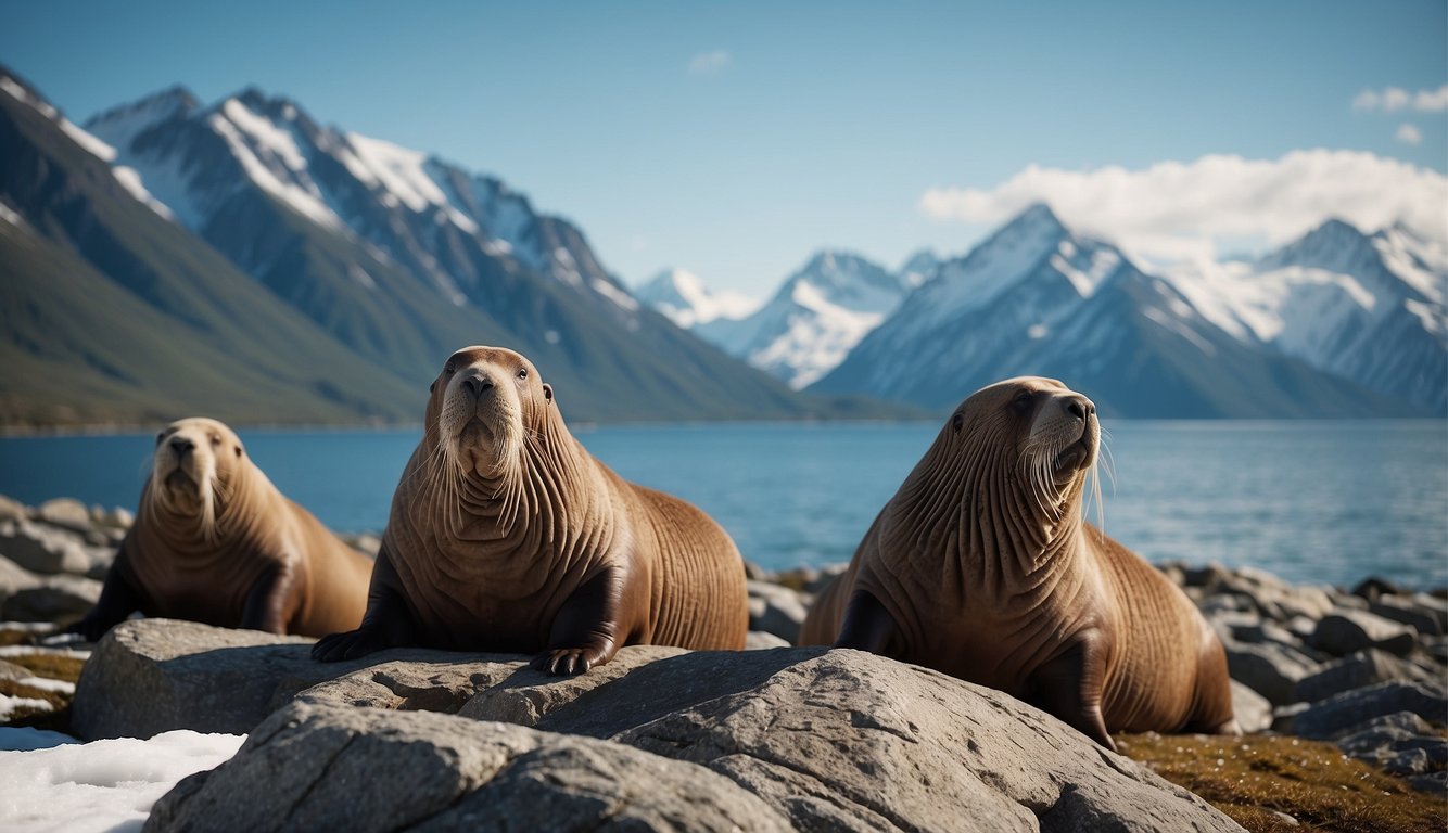 A group of walruses bask on a rocky shore, surrounded by icy waters and snow-capped mountains in the distance