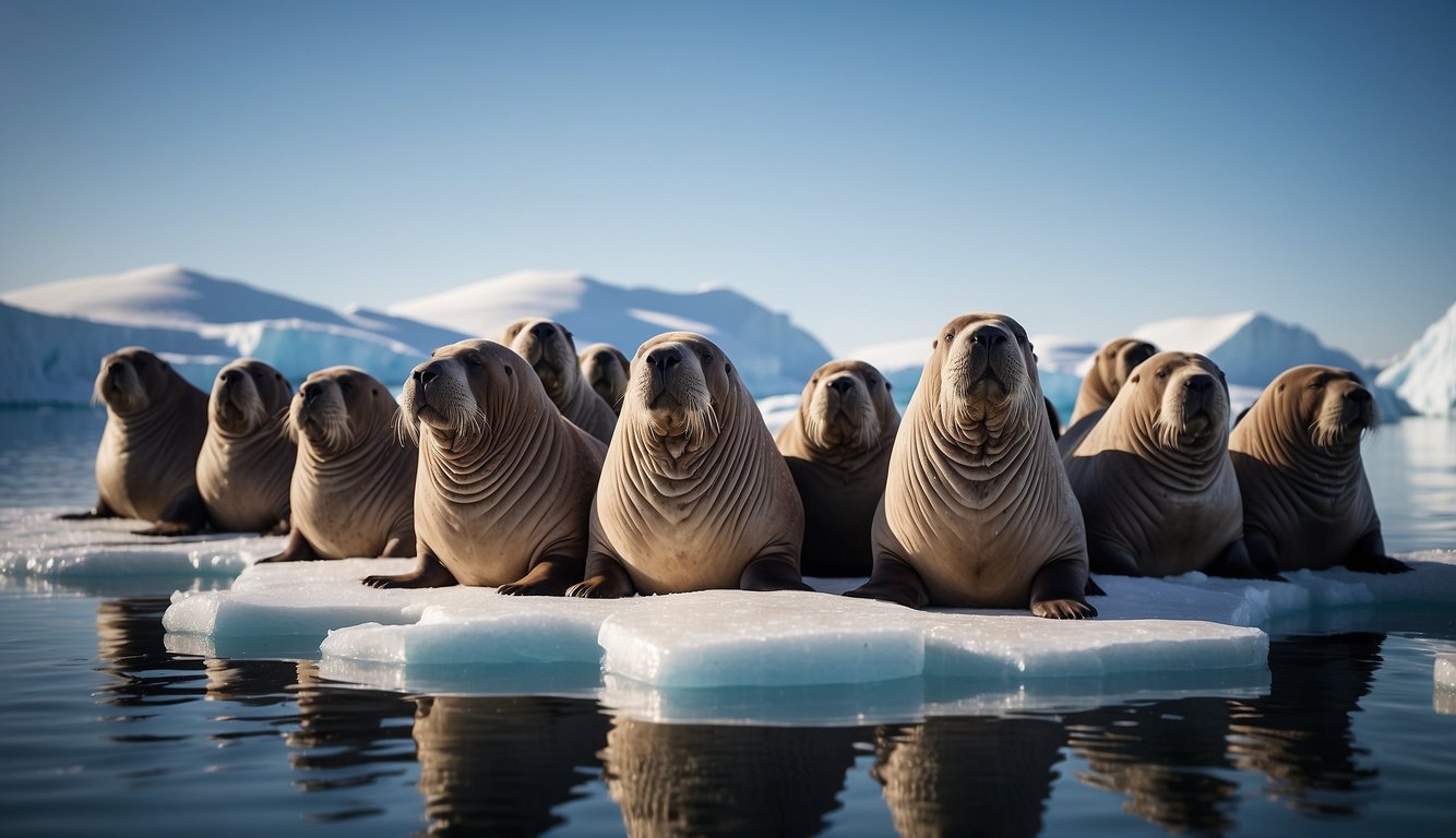A group of walruses bask on an ice floe, their massive bodies glistening in the Arctic sun.

The sound of their deep grunts and the occasional splash of water create a sense of peaceful coexistence in their natural habitat