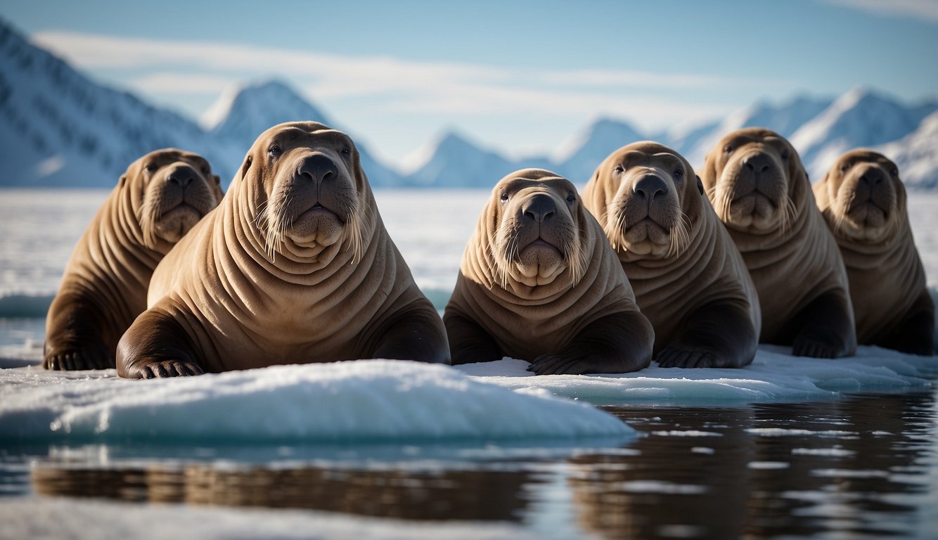 A group of walruses bask on an icy shore, their massive bodies huddled together as they bellow and grunt, their long tusks glistening in the Arctic sun