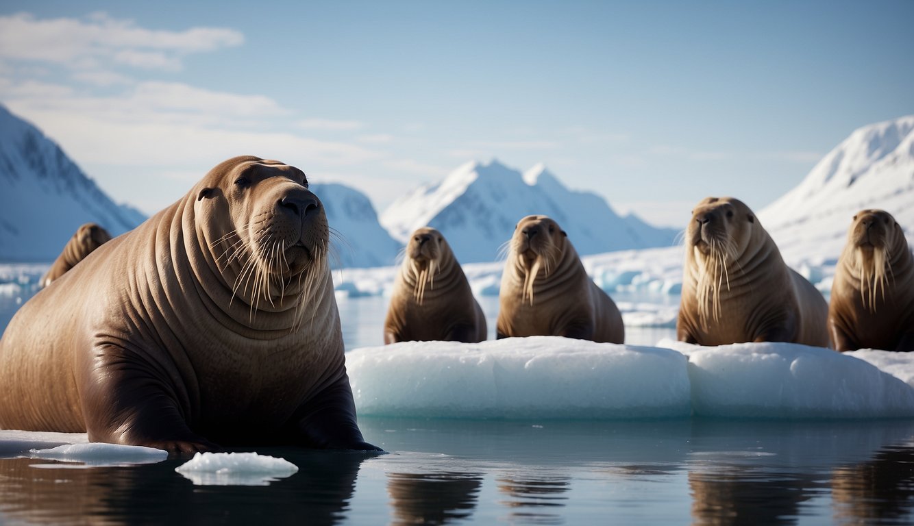 A group of walruses basking on a vast ice floe, their massive bodies dotted with distinctive whiskers, while the Arctic landscape stretches out behind them