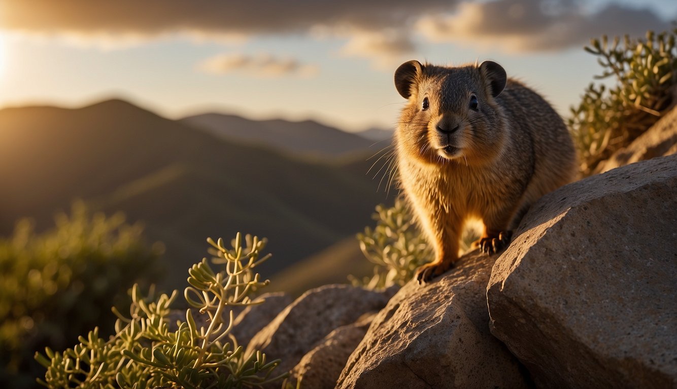 A dassie perches on a rocky outcrop, nibbling on vegetation.

The sun sets behind it, casting a warm glow on the rugged landscape