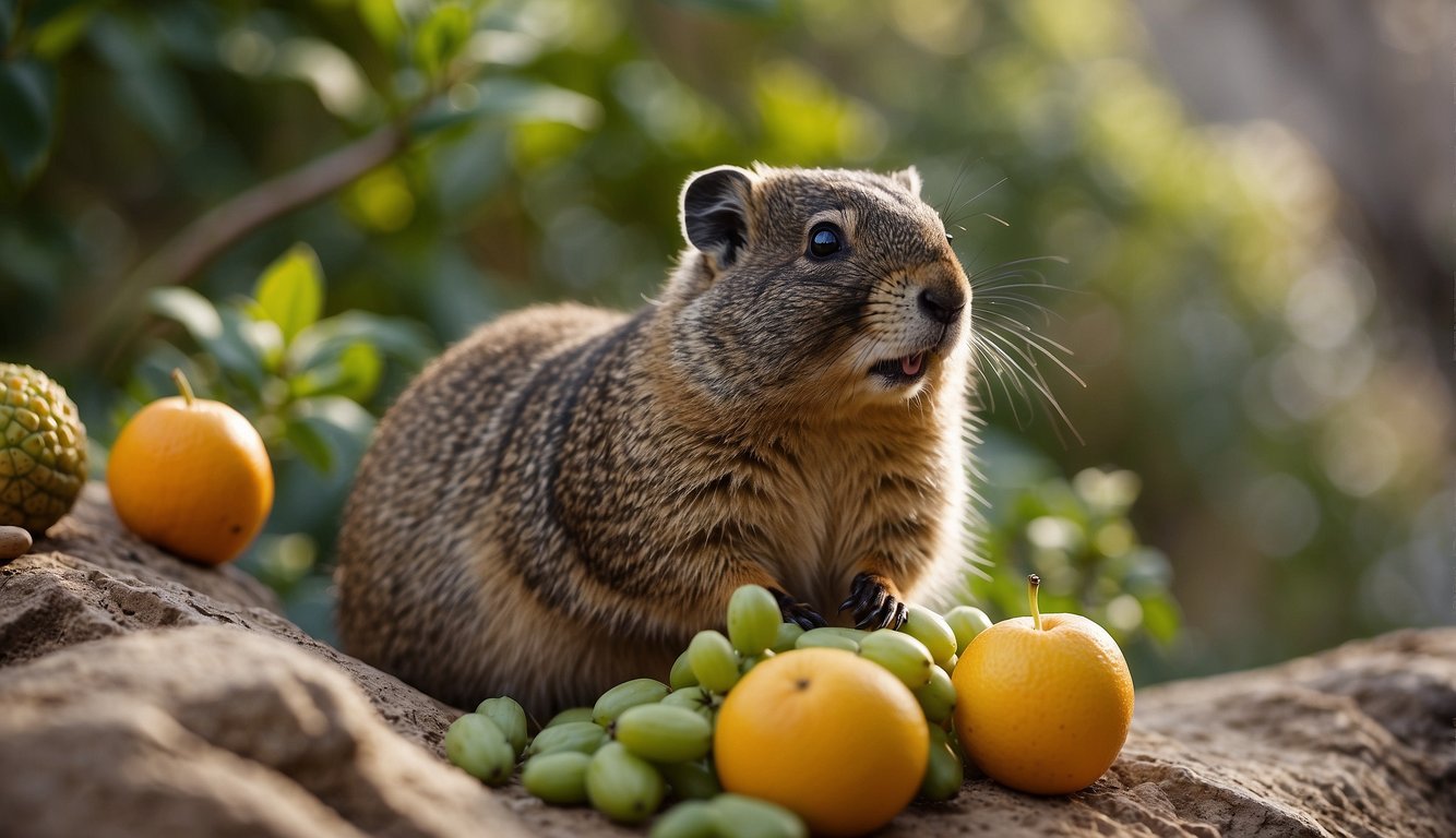 A dassie sits on a rocky outcrop, surrounded by various fruits, vegetables, and nuts.

It nibbles on a leaf while a water bottle and a bowl of seeds sit nearby