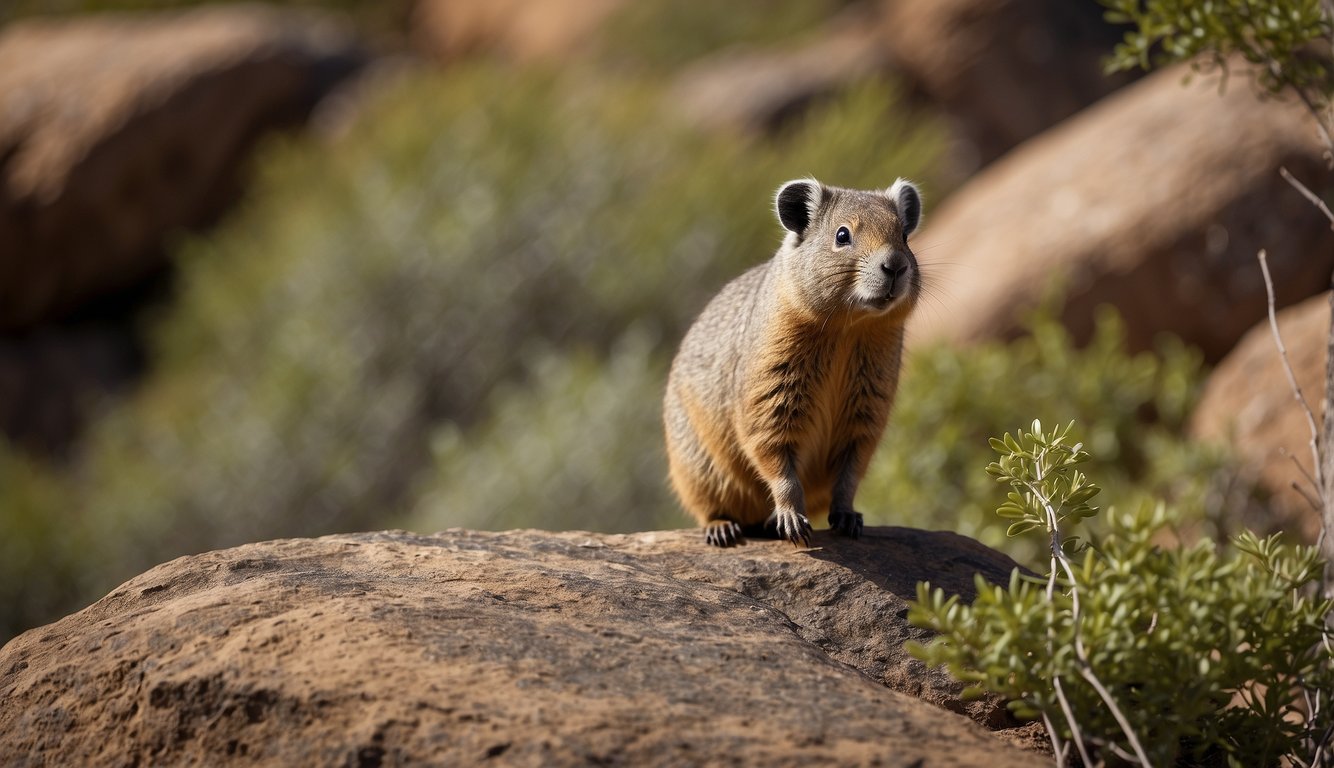 A dassie perched on a rocky outcrop, surrounded by lush African vegetation, with a curious expression and its signature short legs and round body