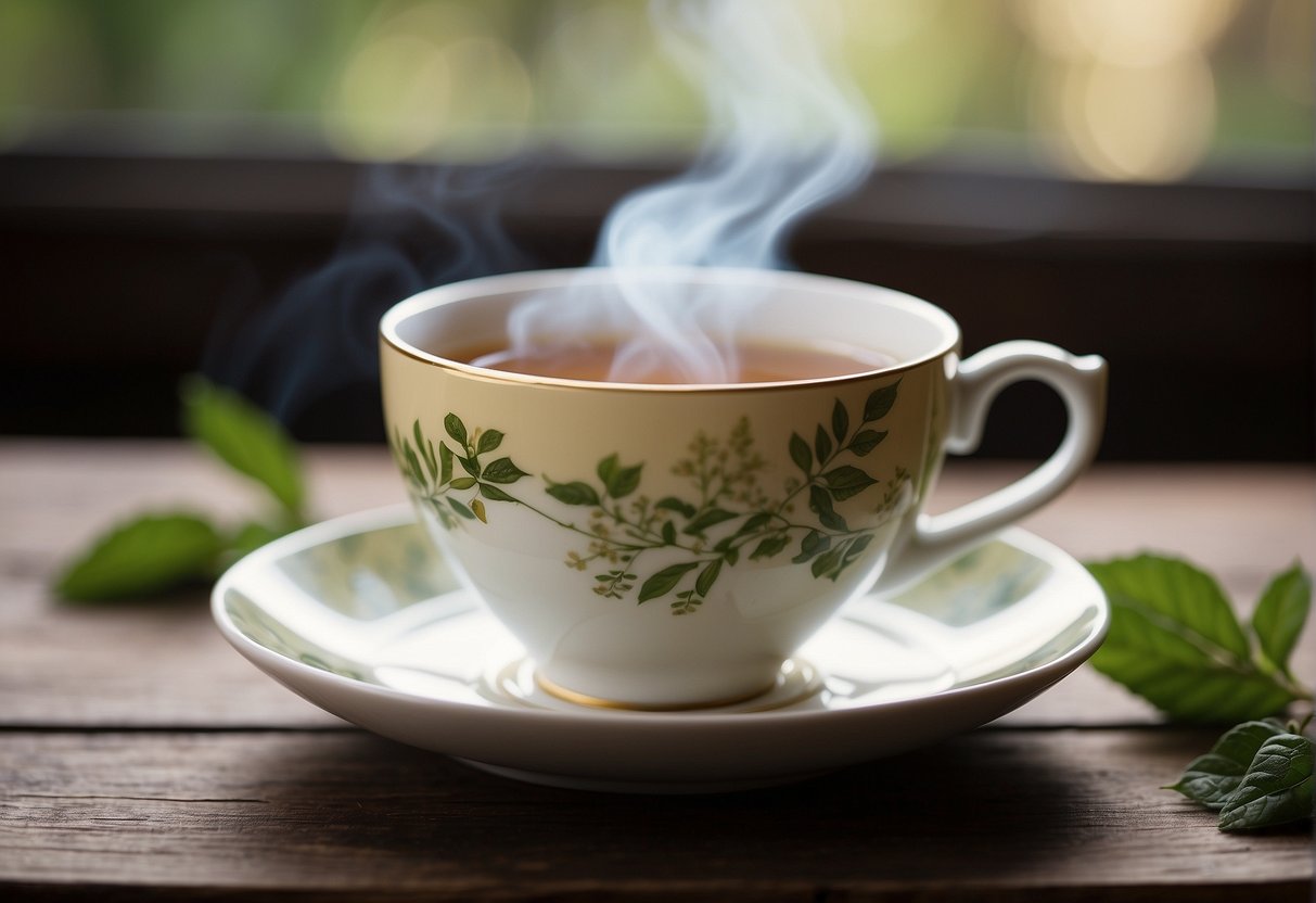 A serene teacup surrounded by loose tea leaves and a steaming kettle on a wooden table