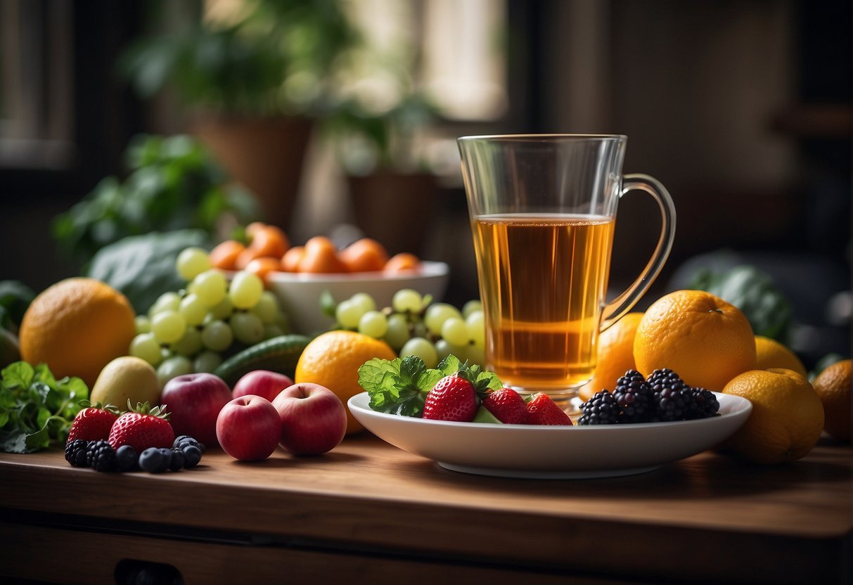 A cup of thin tea surrounded by fresh fruits and vegetables, with a tape measure and a scale in the background