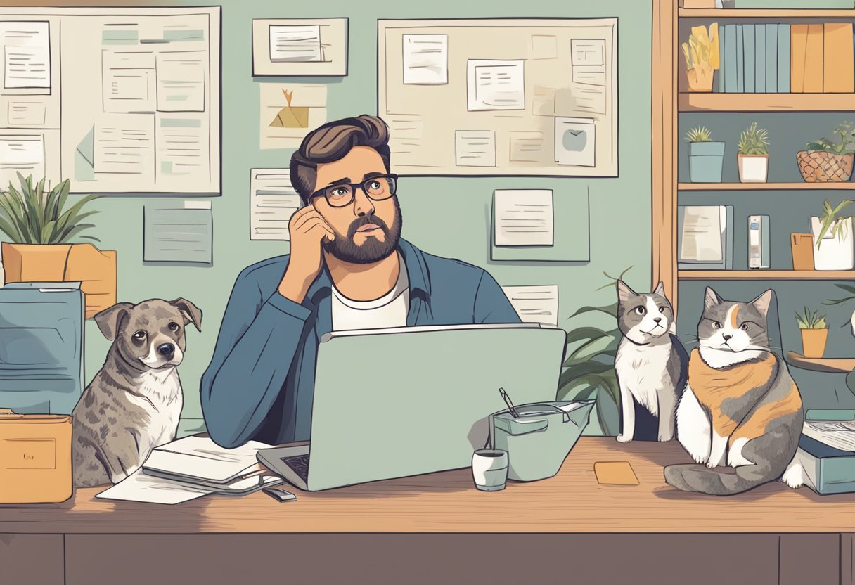 A confused pet owner surrounded by various pet insurance plans, looking overwhelmed and unsure