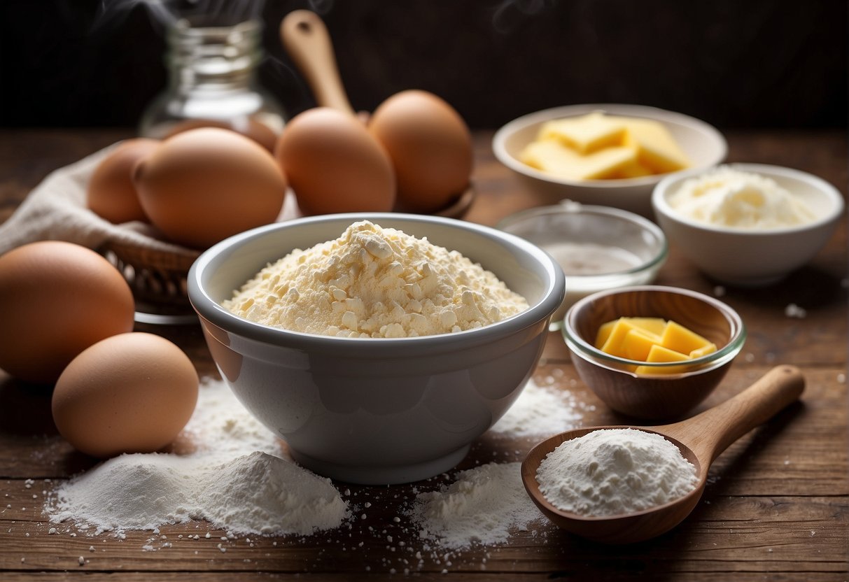 A table with scattered ingredients: flour, sugar, eggs, butter, vanilla extract, and baking soda. A mixing bowl and a wooden spoon sit ready for use