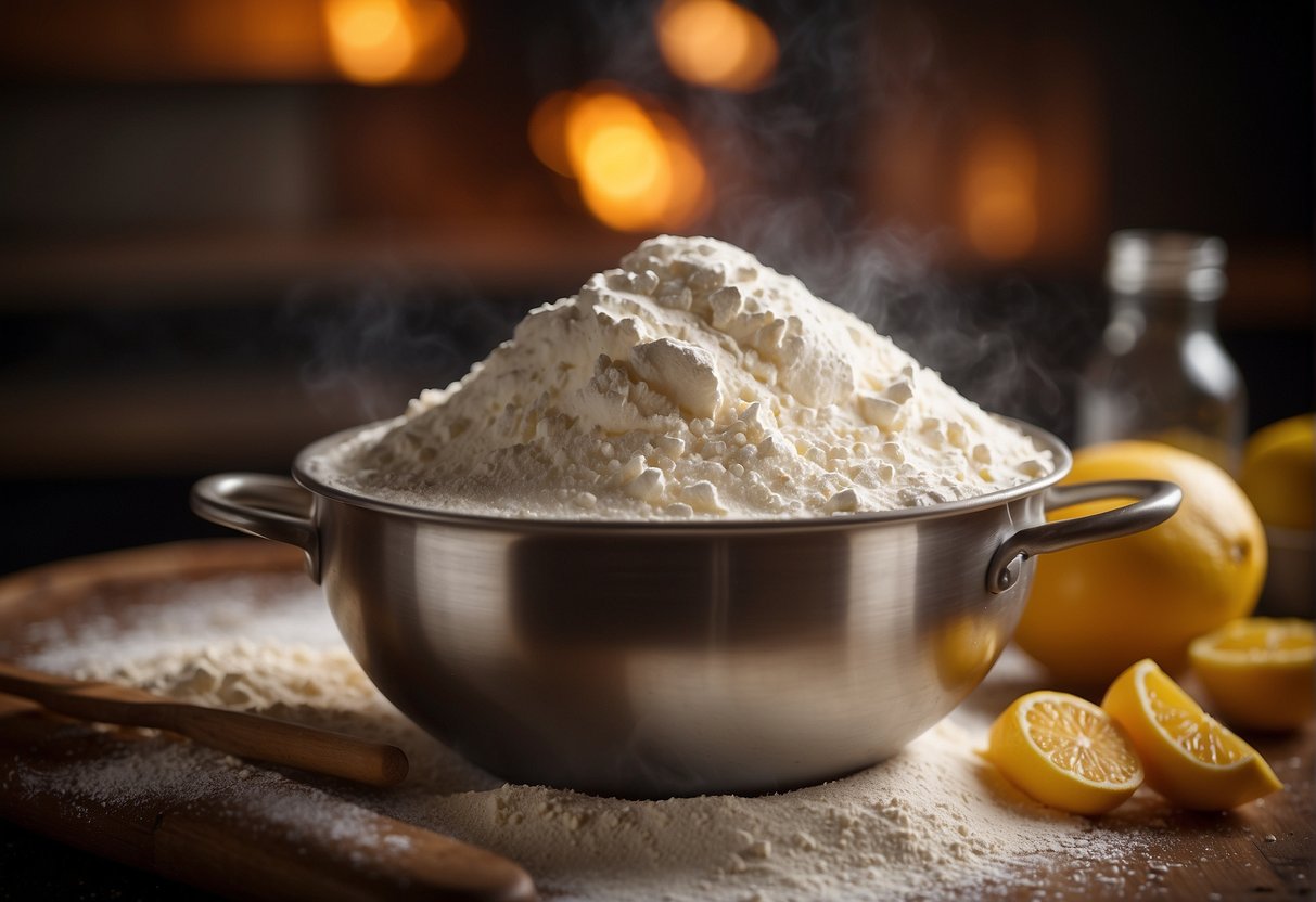 A mixing bowl filled with flour, sugar, and butter. A wooden spoon stirring the ingredients together. A potbelly oven preheating in the background