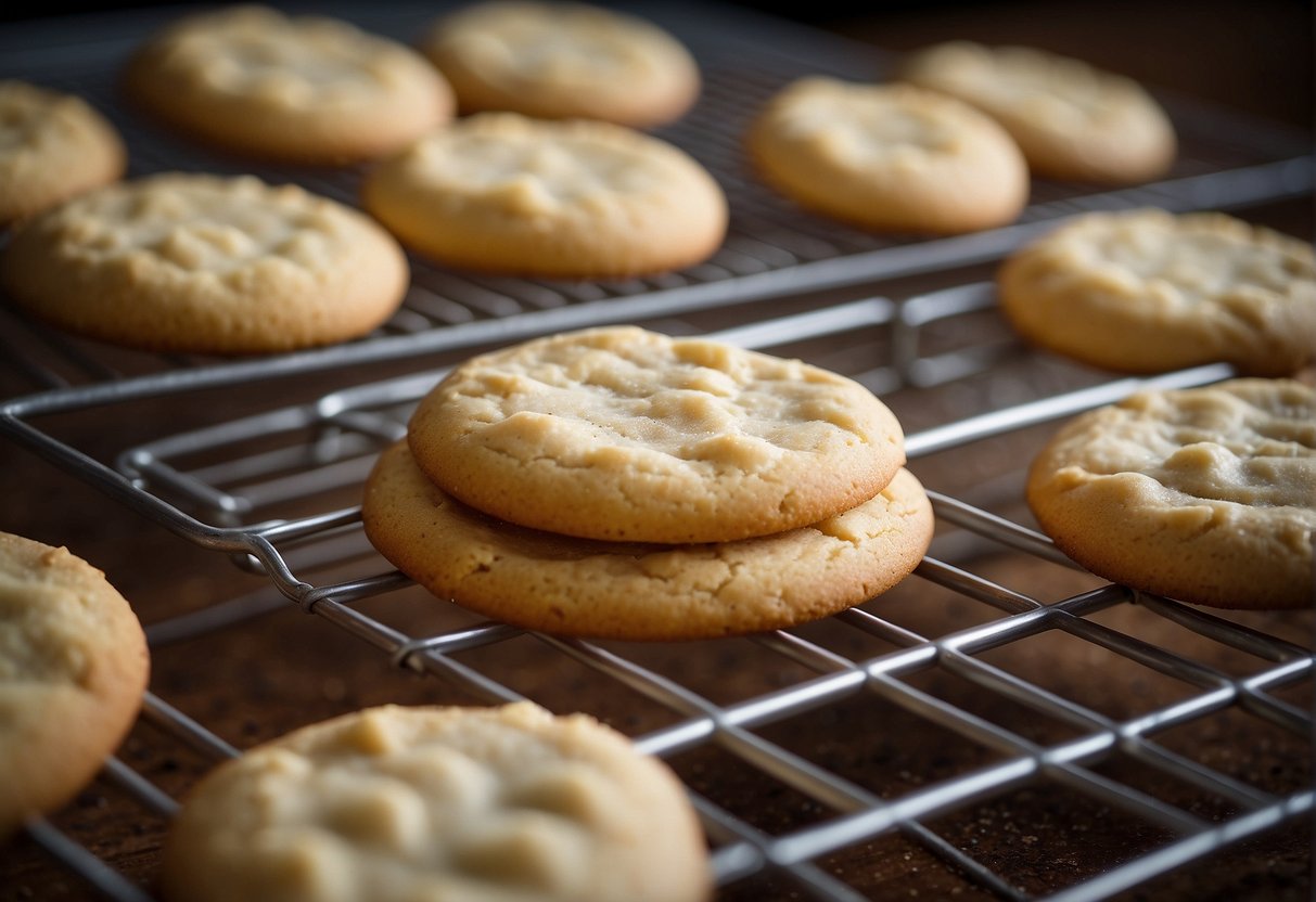 A potbelly sugar cookie cools on a wire rack next to a baking sheet with more cookies. The kitchen is filled with the sweet aroma of freshly baked treats