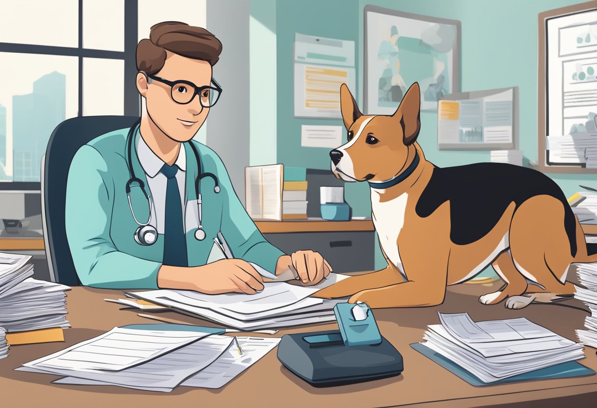 A pet with a medical history sits beside a stack of insurance documents, while a vet explains coverage options in a warm, inviting office setting