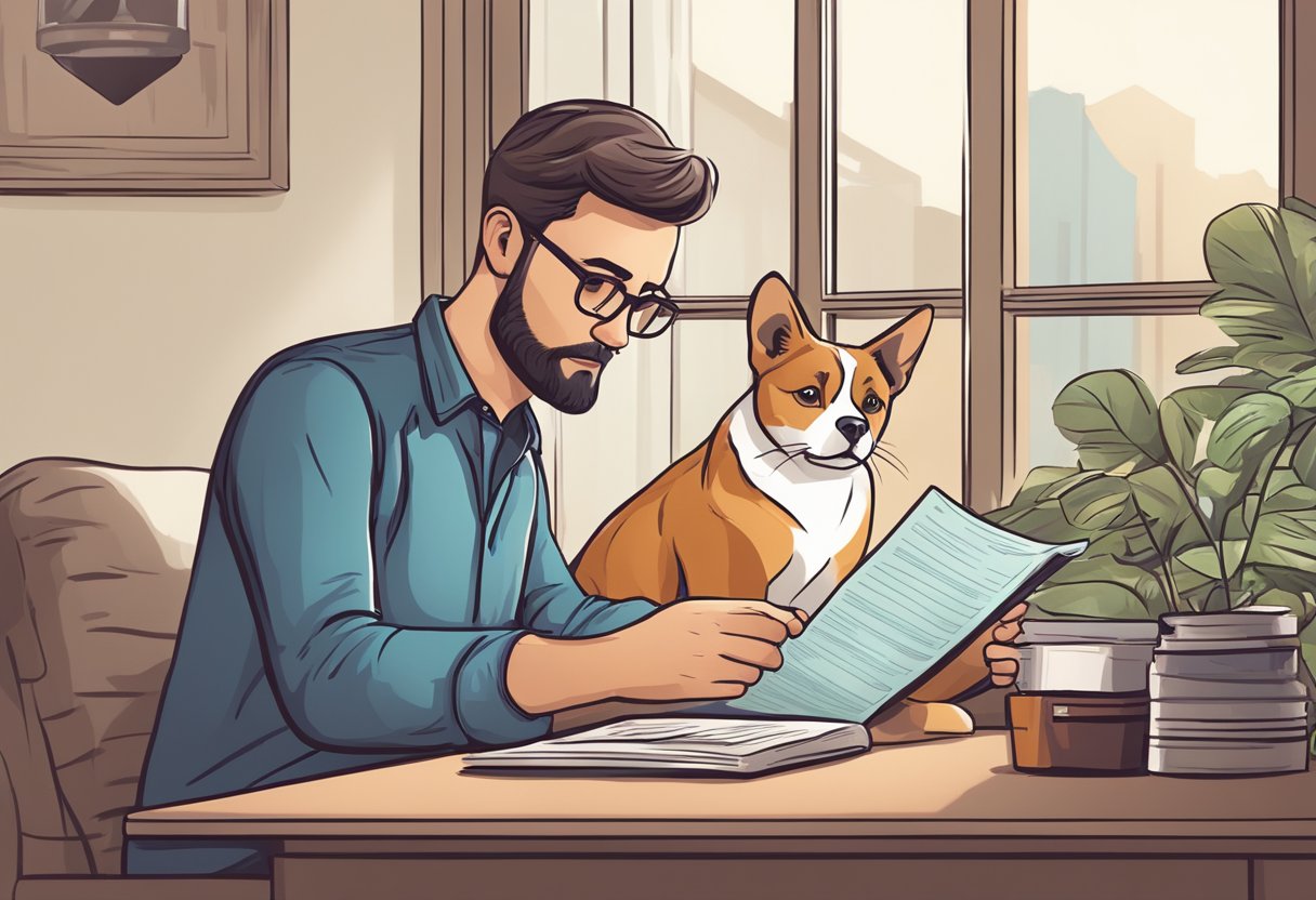 A pet owner researching pre-existing conditions, reading pet insurance policy, with a concerned look, pet by their side
