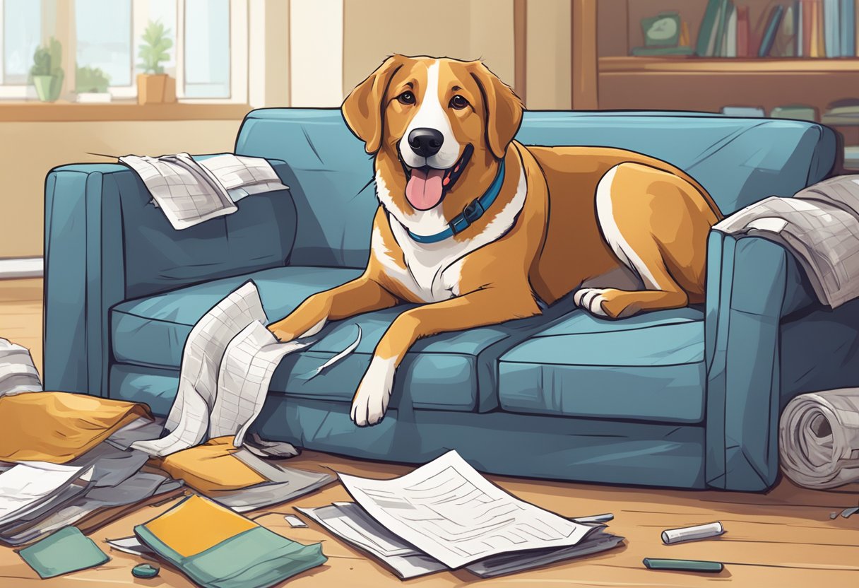 A happy dog with a bandaged paw sits next to a torn-up couch. A policy document titled "Pet Insurance Coverage and Exclusions" is on the table