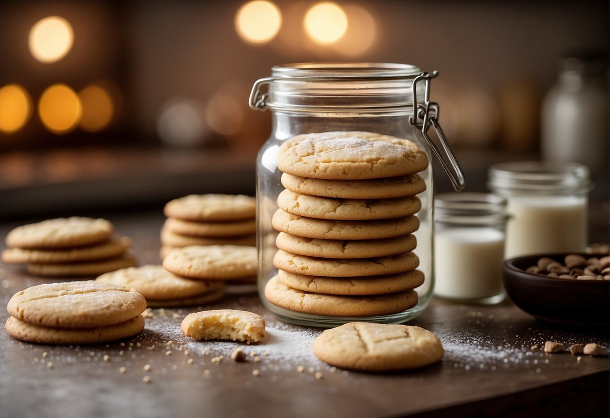 A kitchen counter with a stack of sugar cookies in a glass jar, surrounded by ingredients like flour, sugar, and vanilla extract