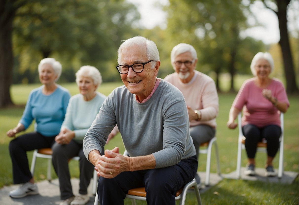 A group of seniors performing chair exercises with focus and determination, demonstrating the effectiveness of the routine