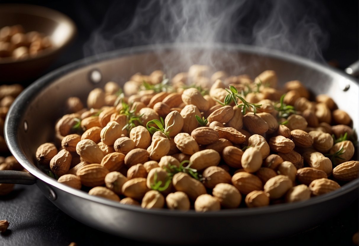 Peanuts sizzle in a hot pan, releasing a nutty aroma. Spices and herbs are added, infusing the nuts with Indian flavors