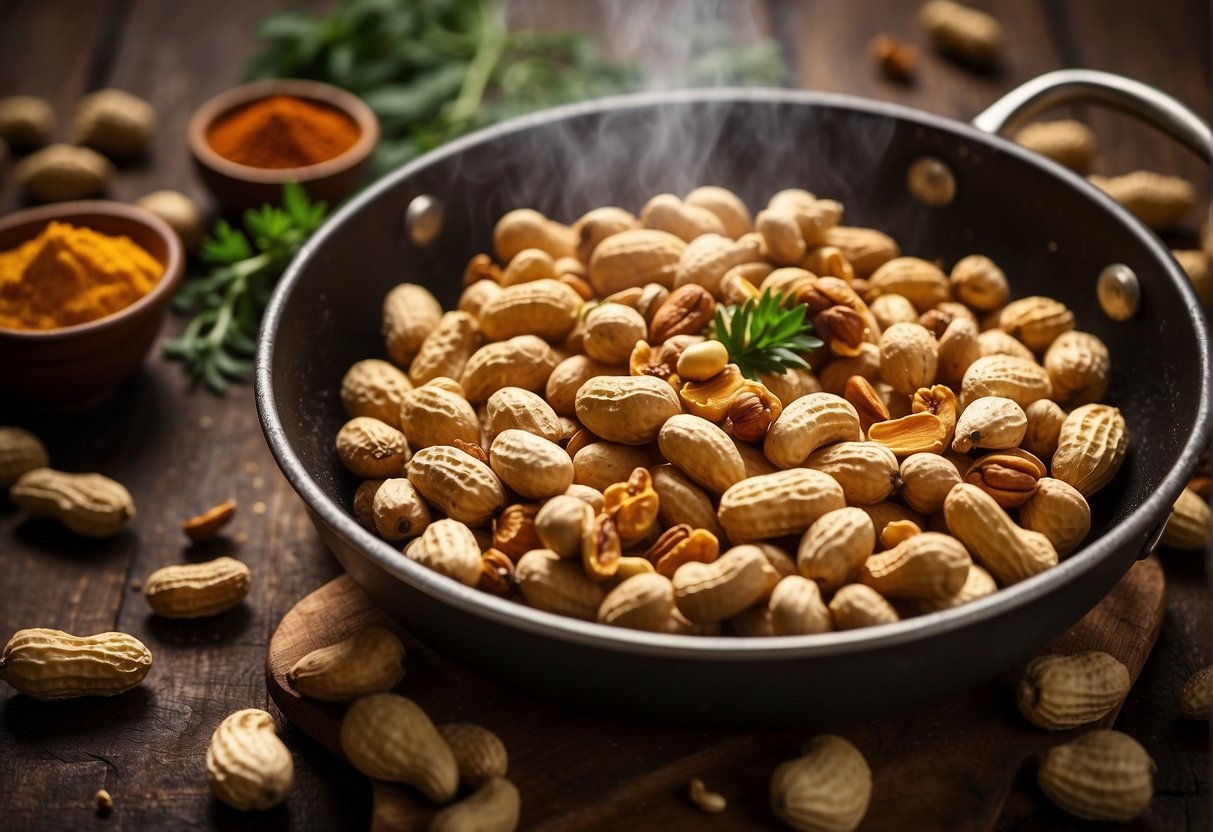 Peanuts roasting in a pan with Indian spices, emitting a savory aroma. Nutritional facts and health benefits displayed nearby