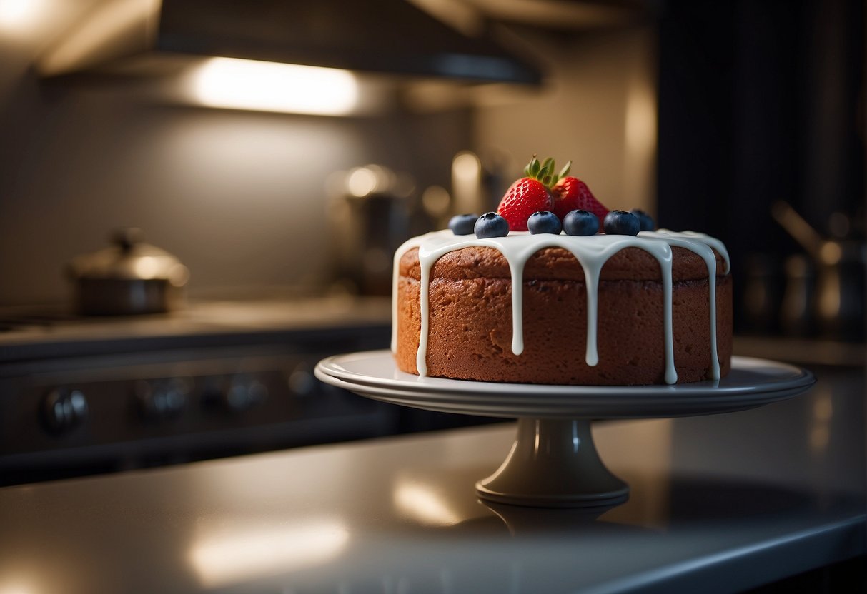A cake sits on a wire rack, cooling overnight in a dimly lit kitchen. The room is quiet, with the only sound being the occasional creak of the floorboards