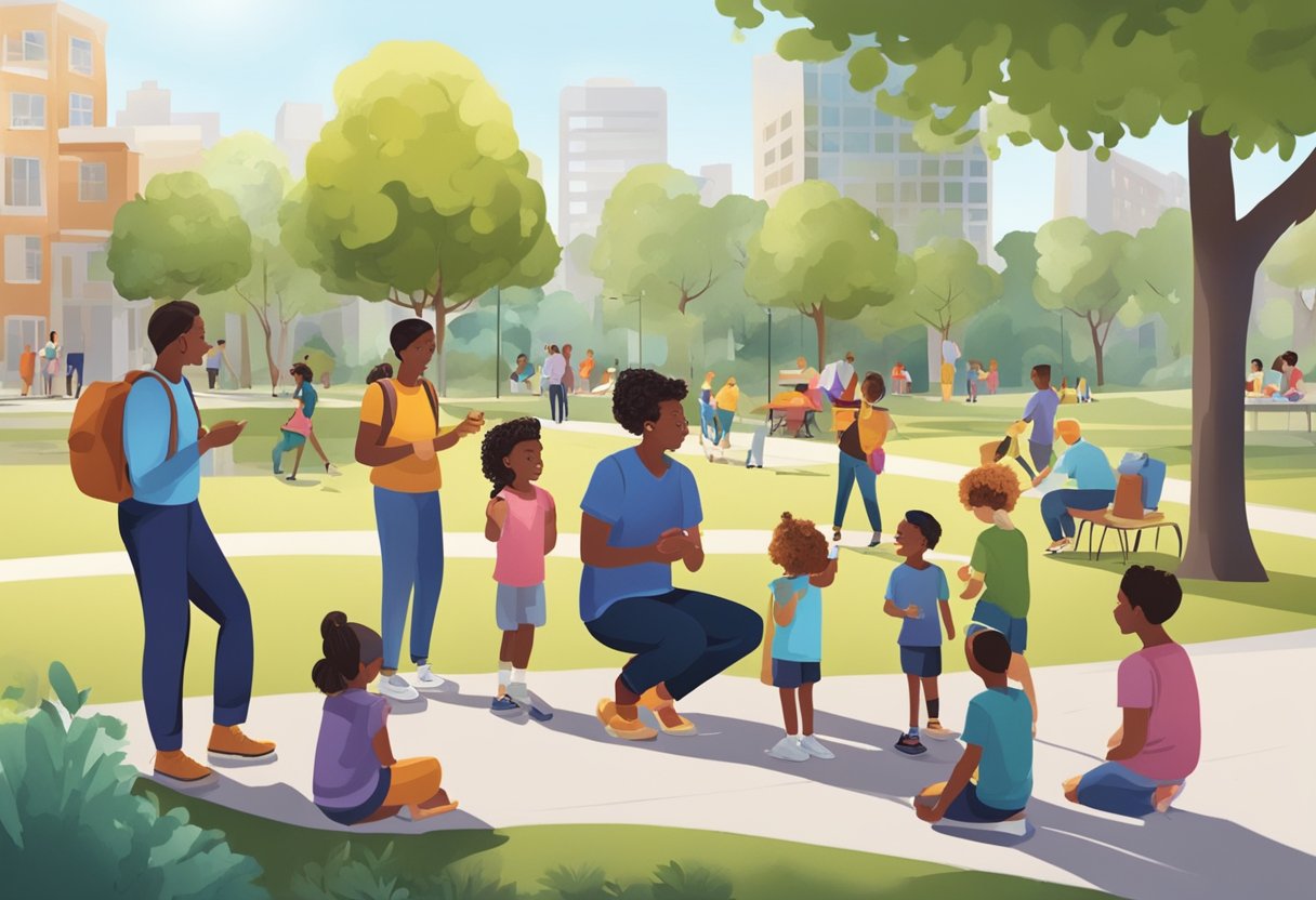 A diverse group of neighbors gather in a park, discussing emergency plans. Children play nearby as adults exchange information and resources