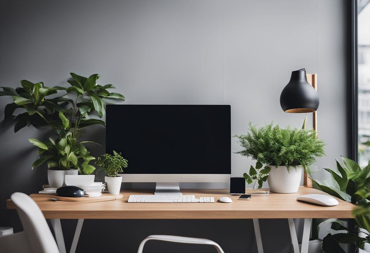 A modern desk with sleek monitor, keyboard, and mouse. Minimalist decor, plants, and natural light. Clean and organized with stylish accessories