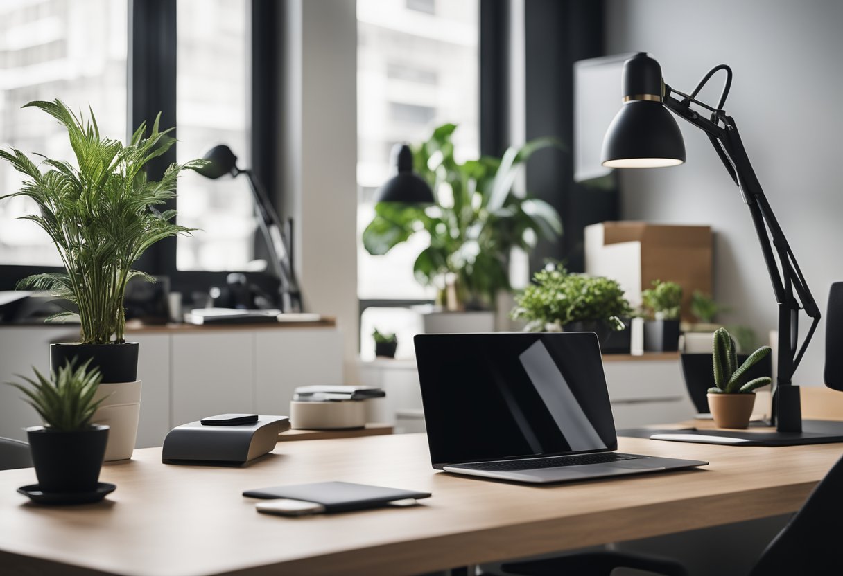 A sleek, modern desk with a minimalist design and adjustable ergonomic chair. Organized with tech gadgets, plants, and stylish desk accessories