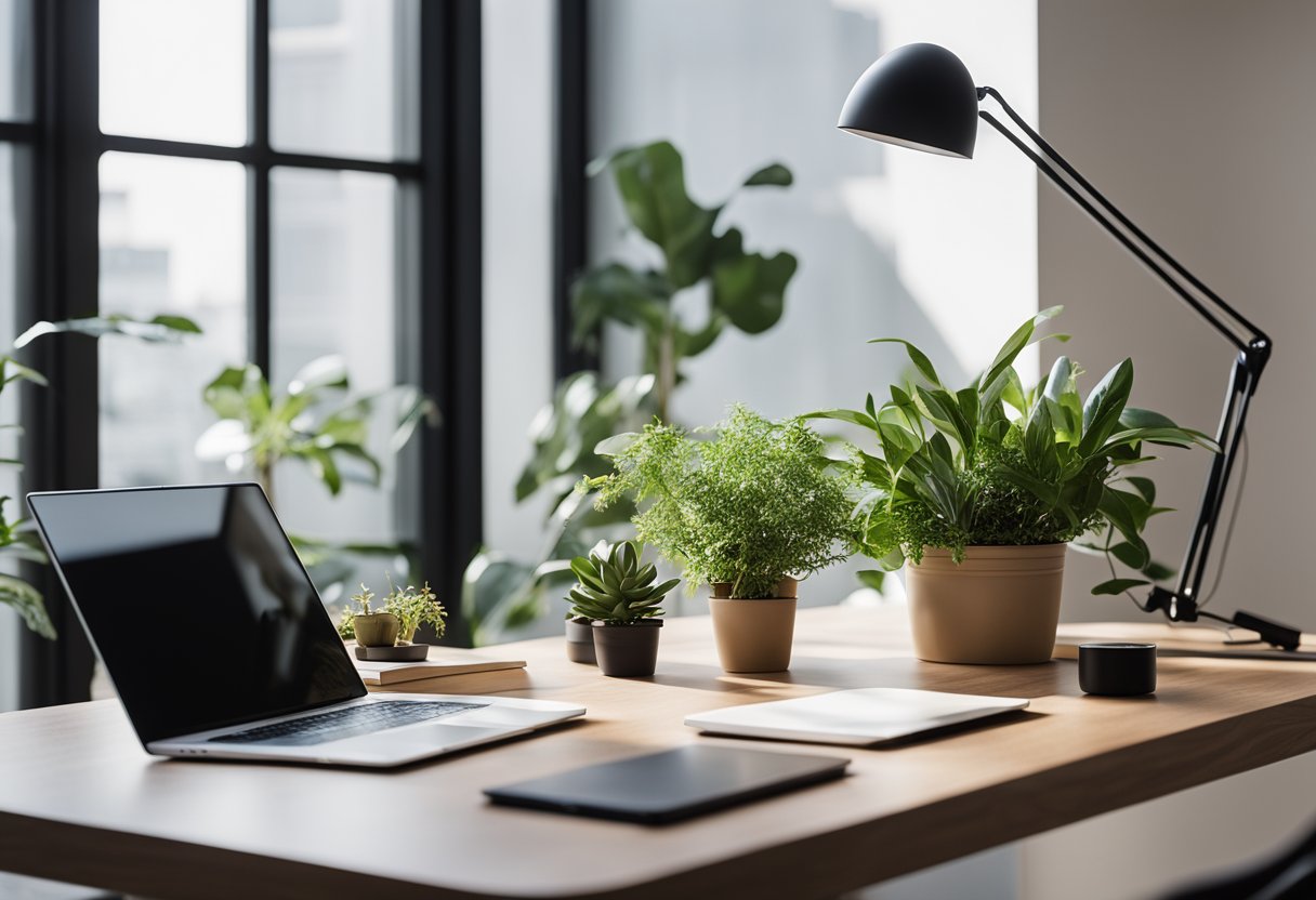 A sleek desk with a laptop, plant, and lamp. Clean, organized, and minimalistic. White walls and natural light complete the aesthetic