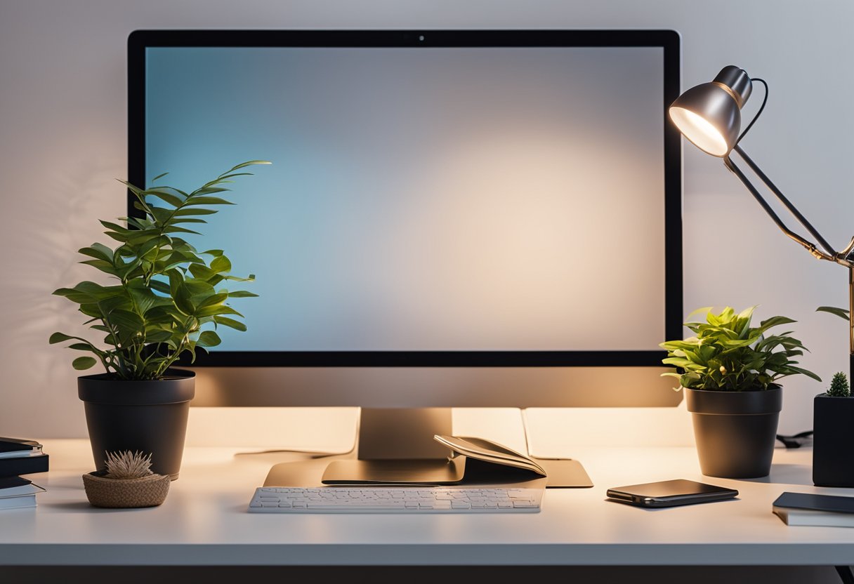 A desk with a sleek laptop, a potted plant, stylish stationery, a cozy desk lamp, and a framed inspirational quote